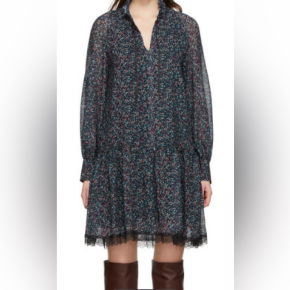 NEW See by Chloe floral haze lace trim chiffon long sleeve dress 42